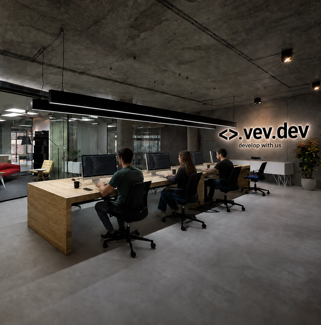 A development studio with the vev.dev sign on the wall